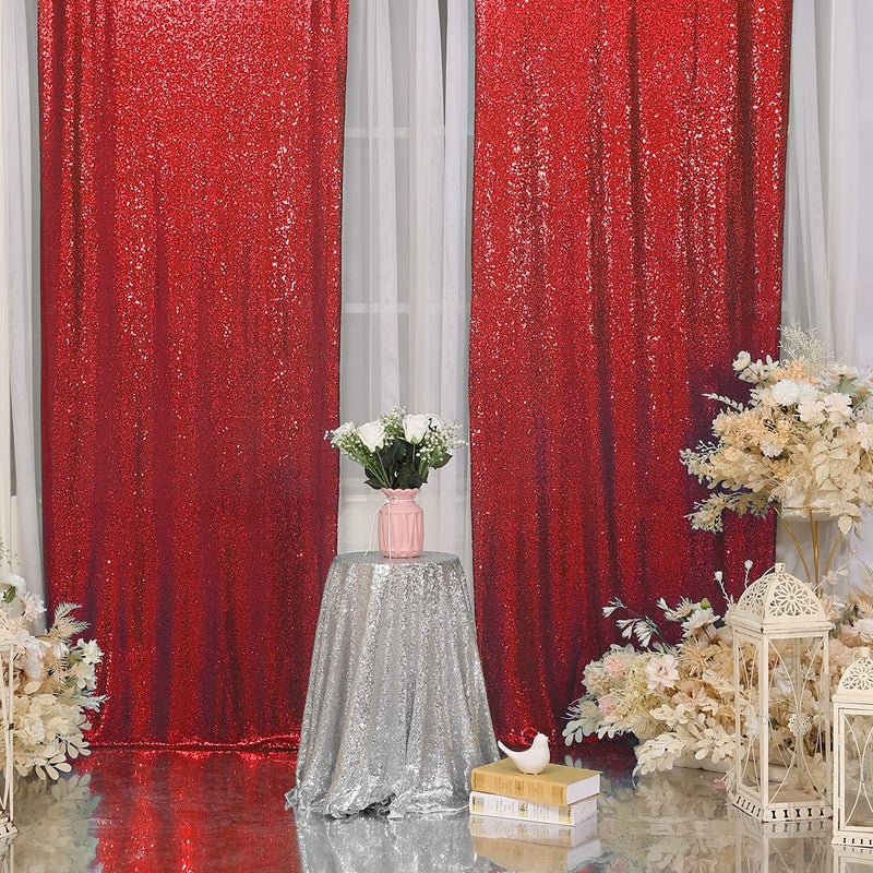 SquarePie Sequin Curtain 2FT x 8FT 2pcs Red Backdrop Background Sparkly for Wedding Party Decoration - Image 3